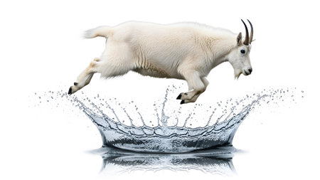 A white mountain goat with dark horns leaps through the air over a large, dynamic water splash,...の写真素材