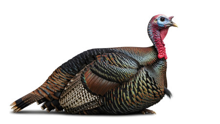 Wild showing wild turkey with colorful iridescent feathers and red blue head on white...