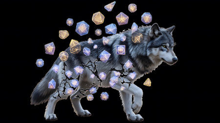 Wolf showing wolf with fur breaking into glowing geometric crystals on a black background.