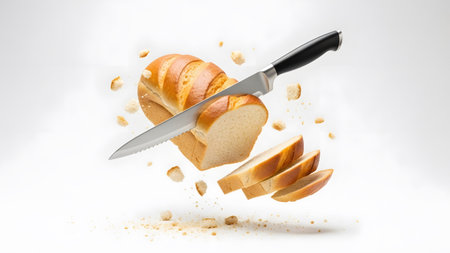 Slicing showing sharp serrated knife slicing a loaf of bread with crumbs scattering in mid-air...
