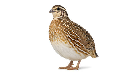 showing small brown and white quail bird standing on a white background isolatedの写真素材
