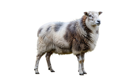 A spotted sheep with shaggy wool stands on a white background, its body a mix of white and brown...の写真素材