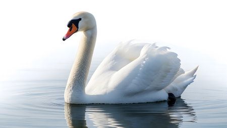 A white swan with a curved neck and orange beak glides on water, creating soft ripples....の写真素材