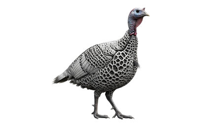 A white turkey with a hexagonal patterned body and blue head stands on a white background.