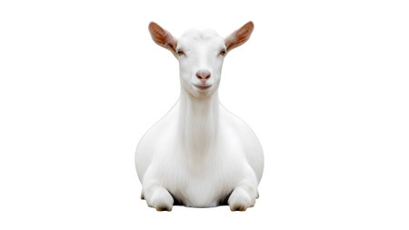 (155) showing white goat lying down facing forward with a gentle smile on a white background....の写真素材