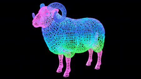 Wireframe ram with pink blue and green gradient on black background.の写真素材