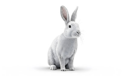 Background showing white rabbit covered in snow or frost sitting on white background.の写真素材
