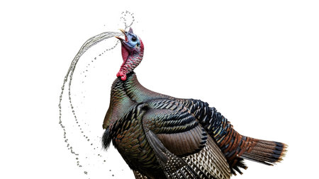 Dynamic showing wild turkey with water spraying from its beak in a dynamic splash on white...