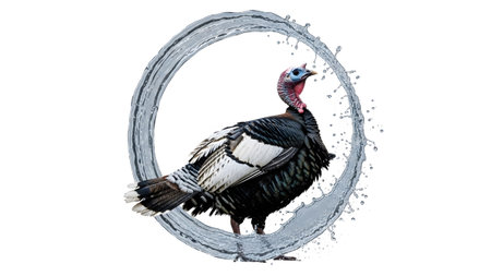 Bird showing wild turkey bird encased in a circular water splash ring on white background.