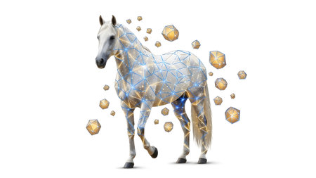 A white horse is covered in a glowing blue geometric network with golden dodecahedrons scattered...の写真素材