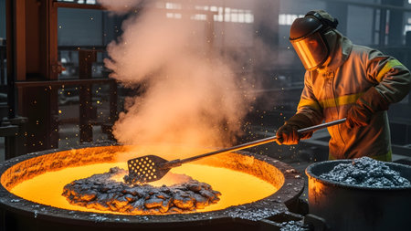 Stock showing worker in protective gear stirs molten metal in a large vat in a hot industrial...