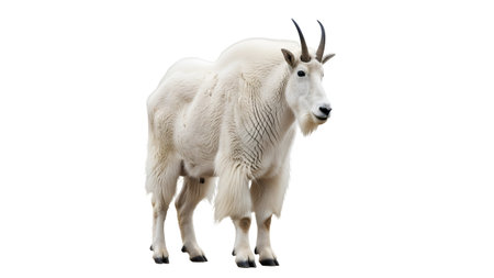 A full-body view of a fluffy white mountain goat with dark, curved horns against a transparent...の写真素材