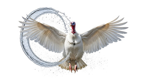 A white turkey with its wings fully spread is depicted flying through a clear water ring on a...の写真素材