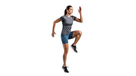 A woman in athletic clothing executes a knees exercise, one leg raised, on a clear white background.