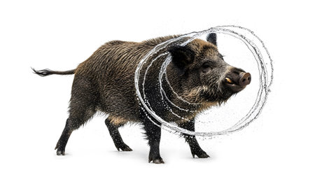 Stock showing wild boar shaking water off its fur against a white background with water...の写真素材