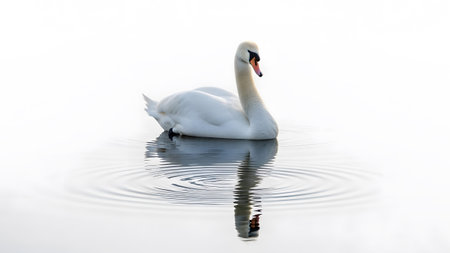 White showing white swan glides gracefully on calm water creating gentle ripples with its...の写真素材