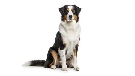 A tricolor Australian Shepherd dog sits facing forward on a white background, with black, white,...の写真素材
