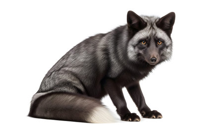 A silver fox with striking black and white fur sits looking forward on a white background.