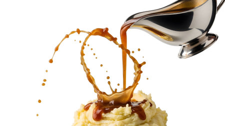Mashed showing pouring rich brown gravy onto creamy mashed potatoes creating a splashing ring....の写真素材