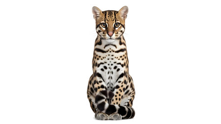 A spotted and striped ocelot sits facing forward on a clean white background, its tail curled.