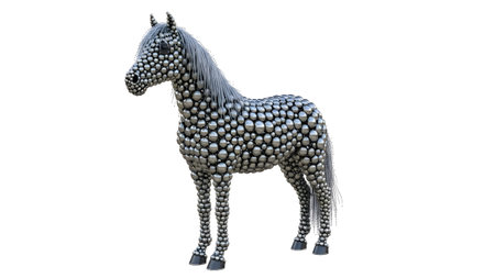 Background. showing metallic sphere sculpture of a horse with gray mane and tail on white...の写真素材