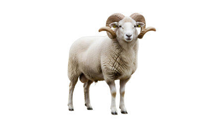 showing ram with large curled horns standing on a white background facing forward.の写真素材