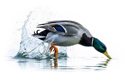 showing mallard duck dipping its beak into water with a splash on white background.の写真素材