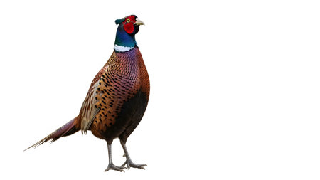 A male ringneck pheasant stands facing right on a white background, showcasing its vibrant,...