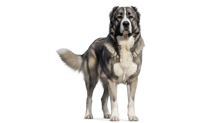 showing large gray and white dog standing on white background facing camera.