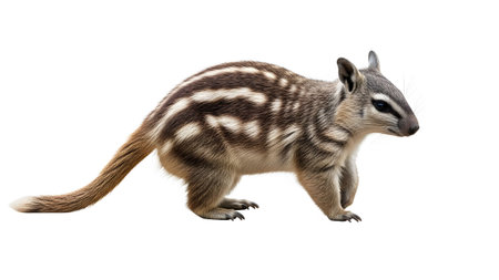 Numbat showing small striped numbat marsupial with long tail walking on white background.