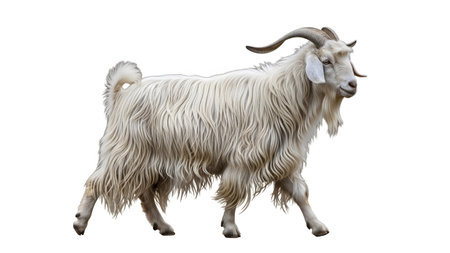 Long haired white goat with large curved horns isolated on white. resolution...の写真素材