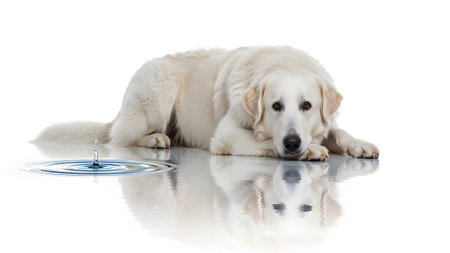 A large white dog lies in shallow water, a water droplet creating ripples beside it.......