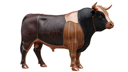 A detailed sculpture of a bull with a segmented body in dark brown and copper tones, standing on...の写真素材