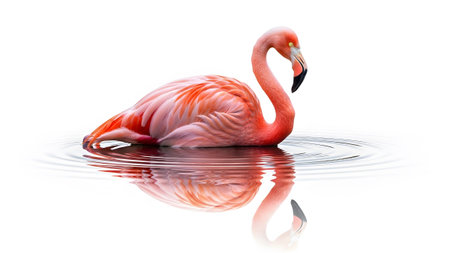 Resting pink flamingo resting in rippling water with reflection on white background.の写真素材
