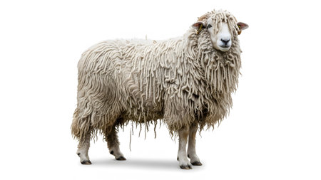 showing fluffy white sheep with long wool standing on a white background. resolution...の写真素材