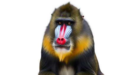 A close-up portrait of a mandrill's face, showcasing its vibrant red, blue, and yellow facial...