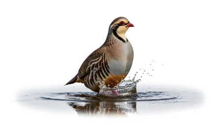 Standing showing partridge standing in water with small splash isolated on white background....の写真素材