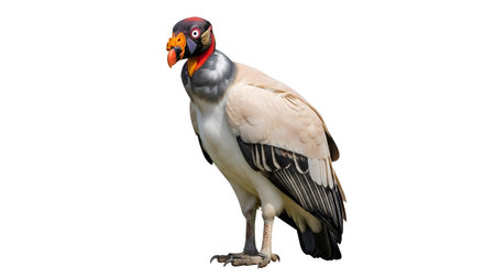 A full-body view of a king vulture with a vibrant, colorful head and neck, standing on a white...