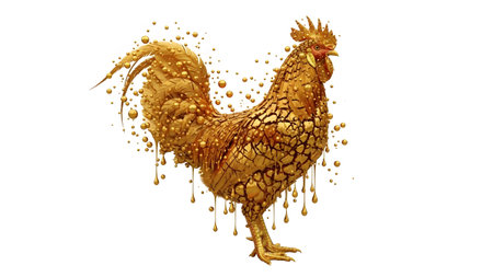 Liquid showing golden rooster sculpture made of dripping liquid gold and bubbles on white.の写真素材