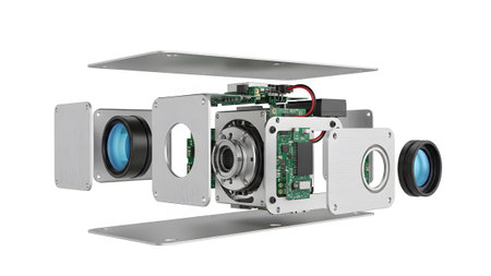 Lenses showing exploded view of a complex camera module with lenses and circuit boards on white....