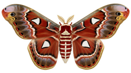 A large atlas moth with striking red, brown, and white patterned wings is displayed on a white...