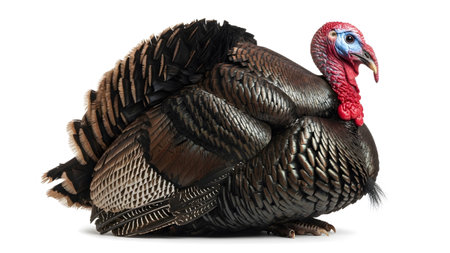 Fanned showing male wild turkey with iridescent dark feathers and fanned tail feathers sitting...の写真素材