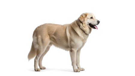 showing golden retriever dog standing profile on white background with tongue out.
