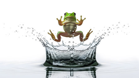 White showing green tree frog jumping from water splash with droplets on white background.の写真素材