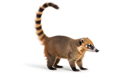 White showing coati with striped tail standing on a white background isolated. resolution...の写真素材