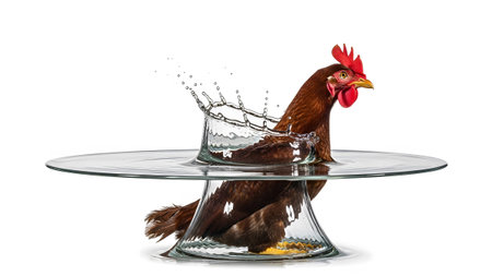 showing brown hen in water inside glass vase on a clear glass plate with water ripples...の写真素材