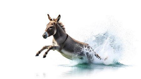 Stock showing donkey jumping through water with white splashes on a white background.
