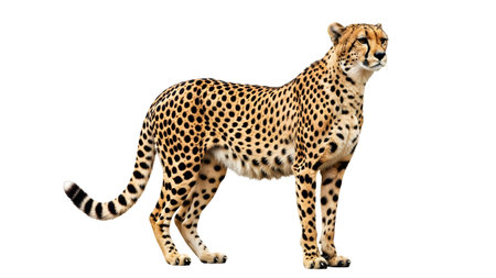 Spots showing cheetah standing proudly on a white background with distinctive spots.の写真素材