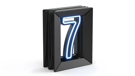 Blue showing 3d rendering of a black framed number 7 with blue neon light on white background....