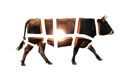 White showing brown and black cow sliced into segments revealing sunset light and inner core on...